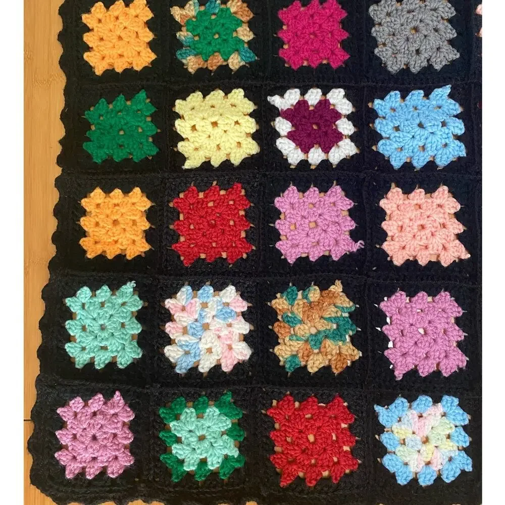 Vintage Granny Core Square Crochet Blanket Black 62